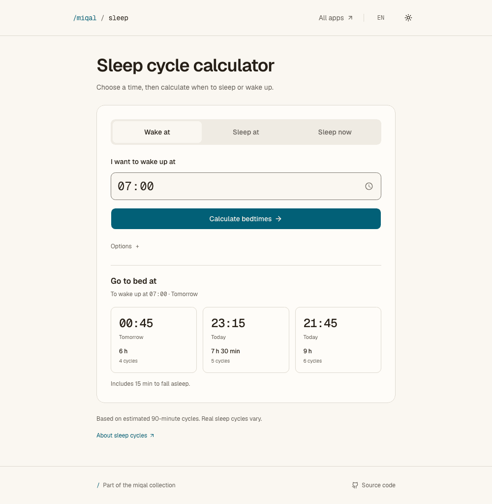 Sleep Cycle showing a 07:00 wake-up time and three calculated bedtime options.