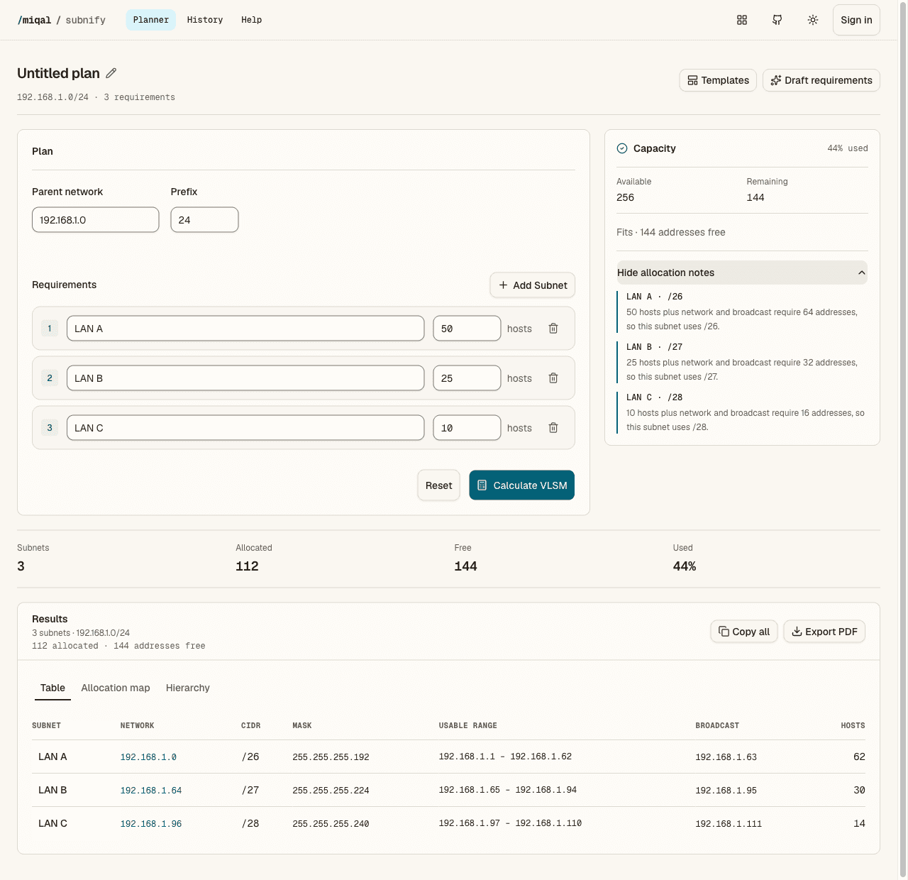 Subnify showing an IPv4 plan with three subnet requirements and the calculated address allocations.